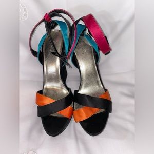 Qupid shoes size 9 black polyester - pink - orange colors straps all man made
